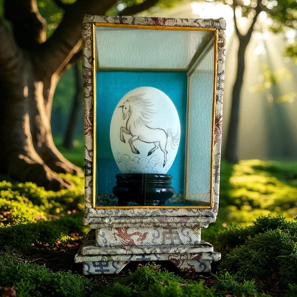 VTG Unicorn Egg in Glass Case True Love Collector’s Piece Chinese Art
